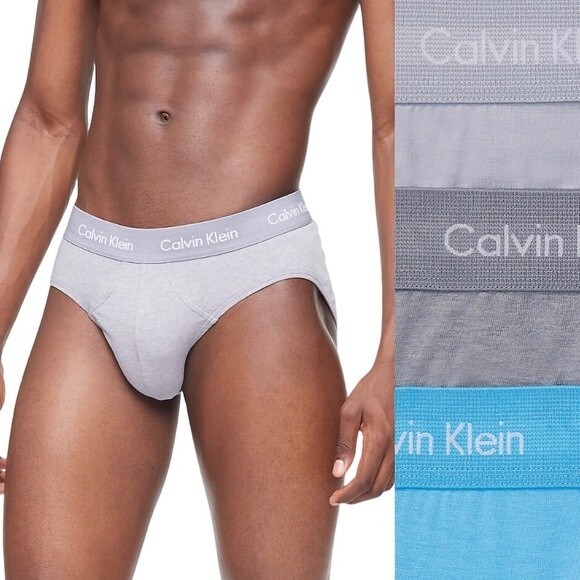 Calvin Klein Men’s Cotton Stretch Hip Briefs 3 Pack 2 Gray 1 Blue Size XXL NEW - Picture 1 of 3